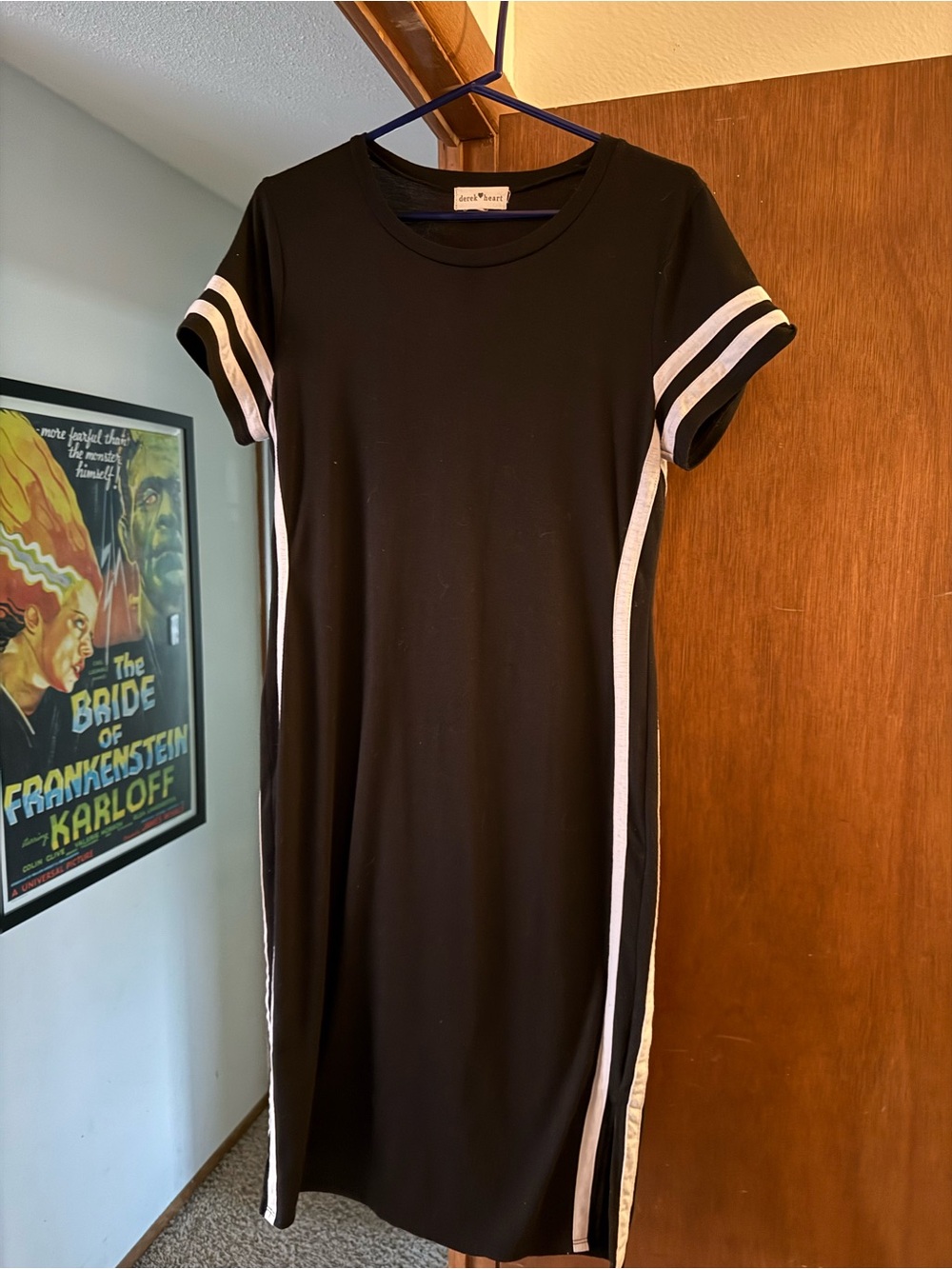Derek Heart Black Midi T-Shirt Dress with White Stripes